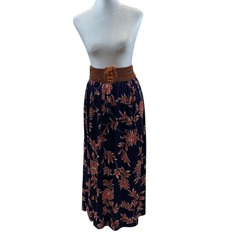 Anna Morgan Pleated Navy Blue and Floral Maxi Skirt‎ Size Small